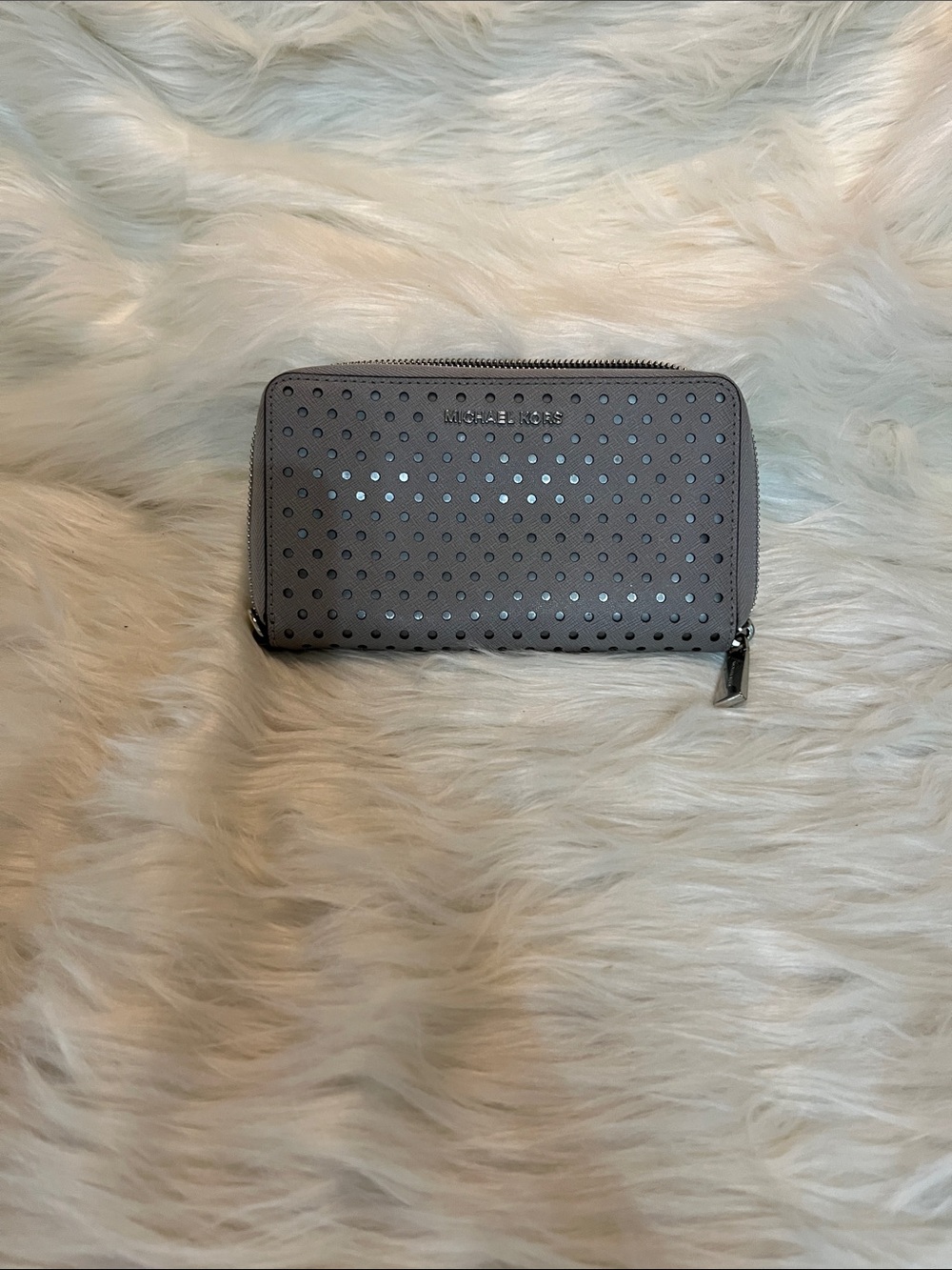 Michael Kors Gray Perforated Zip Wallet with Silver Accents